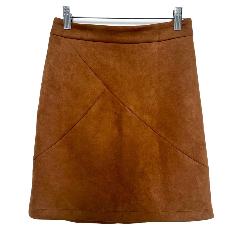 - Faux suede caramel straight skirt.